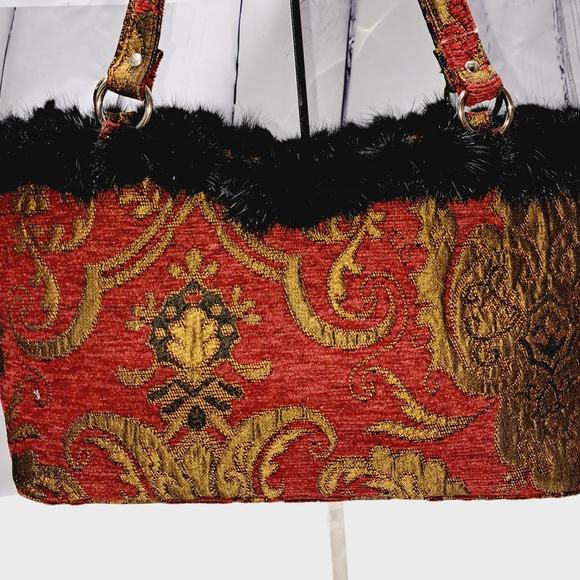 Boho Rich Red Gold Tapestry Hand Bag Rabbit Fur Pompom around top Snap closure - Picture 5 of 13